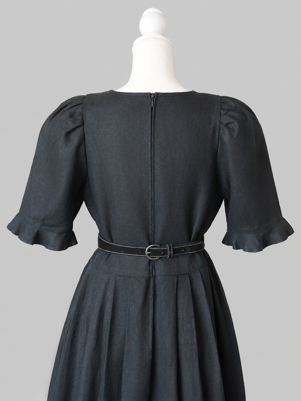 Vintage Black Maxi Linen Dress with Belt, Gothic, Medieval, Cottagecore - Picture 9 of 12